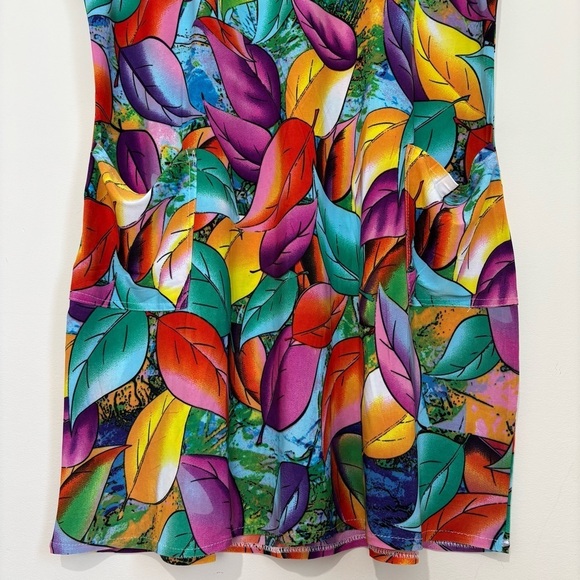 Colorful Green Purple Yellow  Flower Crew Neck Short Sleeve Pull Over Dress - Picture 9 of 14